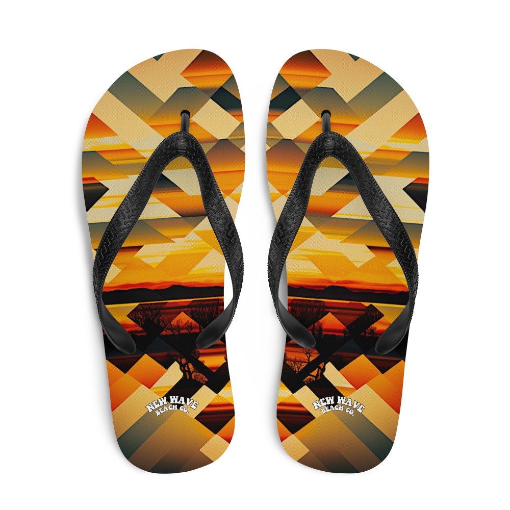 hippieartzone - Retro Geometric Yellow Sunset Tropical Flip Flops Colorful 