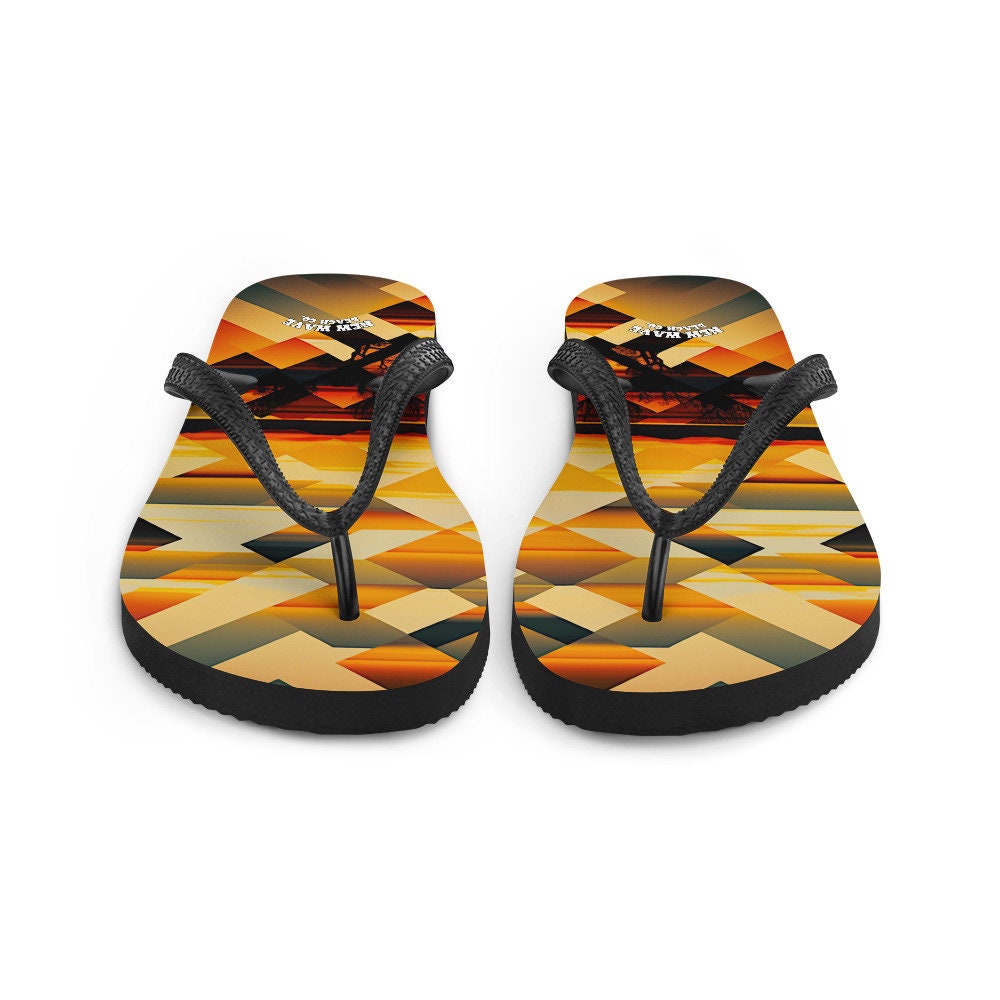 hippieartzone - Retro Geometric Yellow Sunset Tropical Flip Flops Colorful 