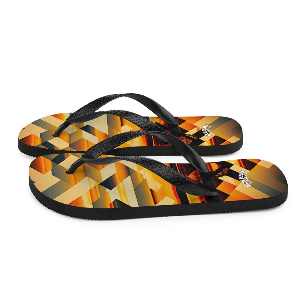 hippieartzone - Retro Geometric Yellow Sunset Tropical Flip Flops Colorful 