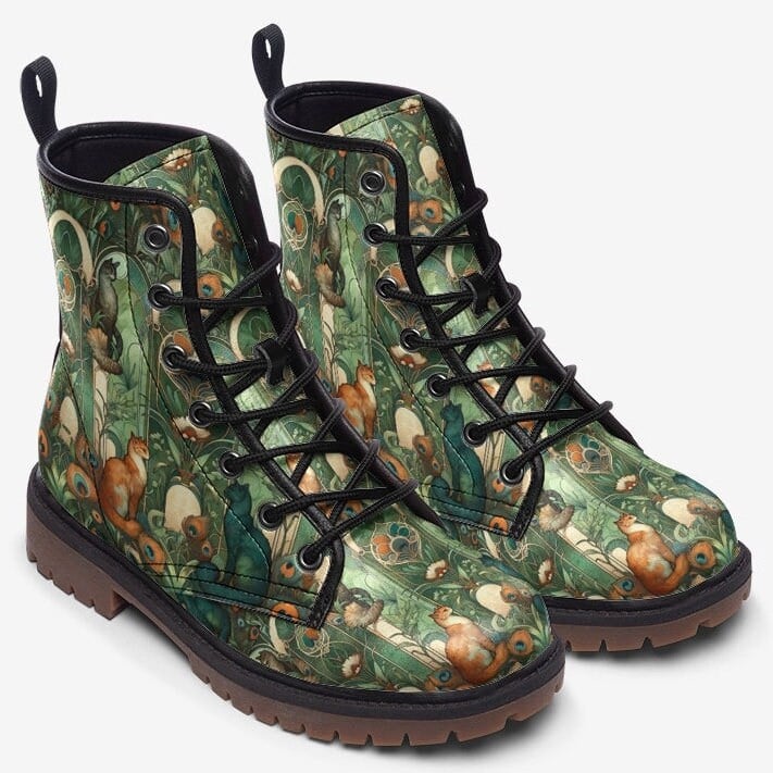 Hippie Art Zone - Art Nouveau Cats In Green And Orange Vegan Leather Boots