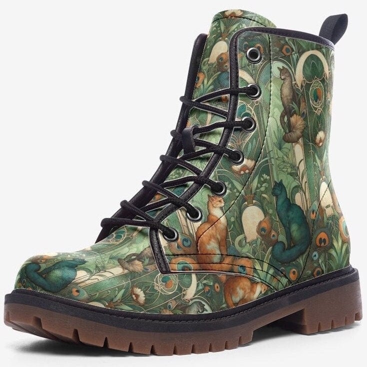 Hippie Art Zone - Art Nouveau Cats In Green And Orange Vegan Leather Boots