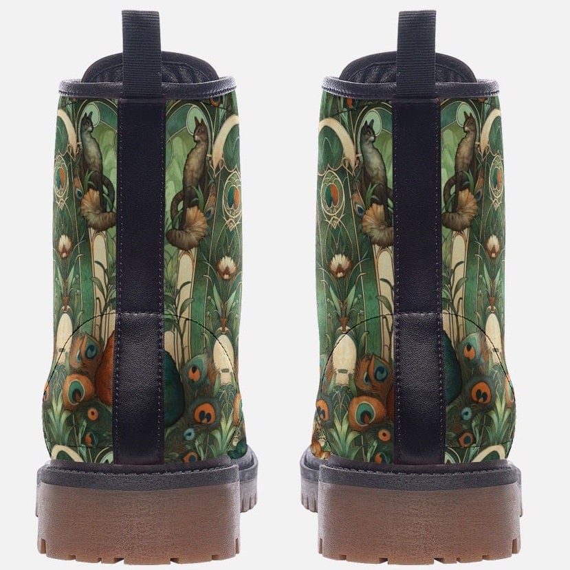 Hippie Art Zone - Art Nouveau Cats In Green And Orange Vegan Leather Boots