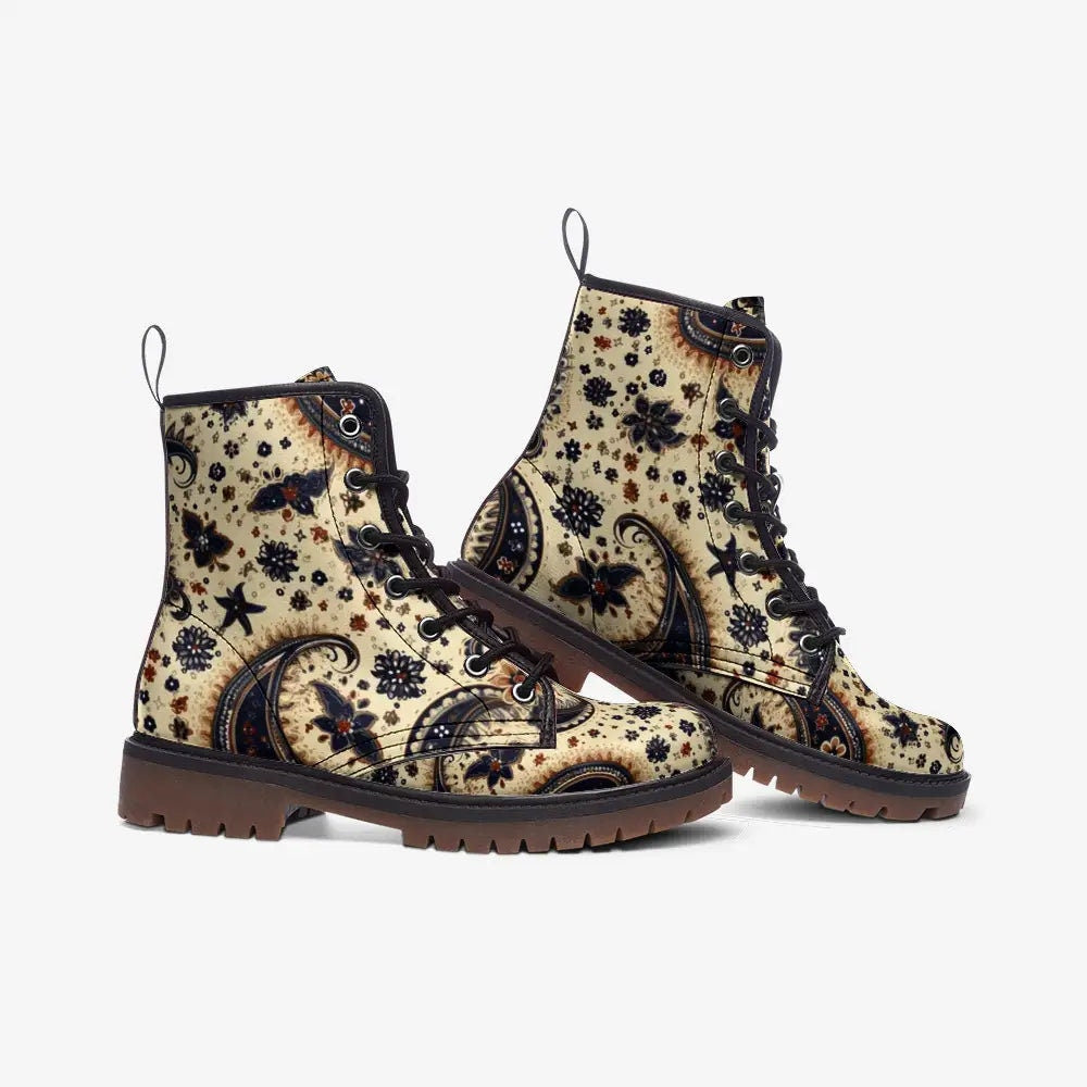 Hippie Art Zone - Beige And Blue Paisley Bandana Vegan Leather Boots