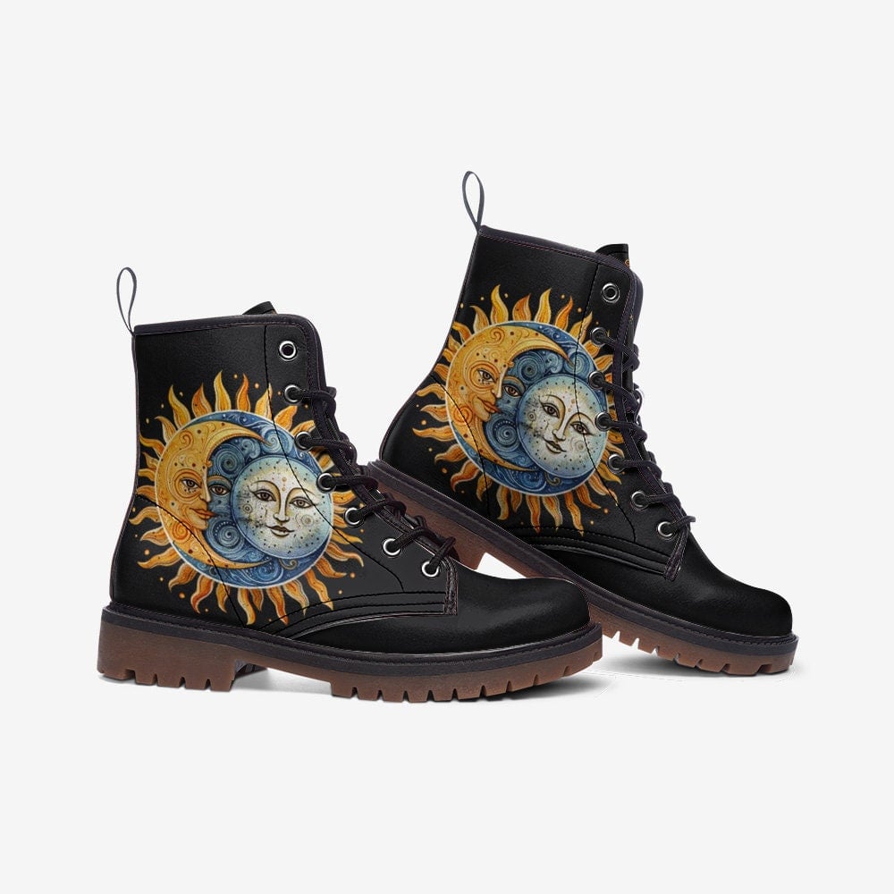 Hippie Art Zone - Sun And Moon Boots | Unisex Casual Vegan Leather Leather Lightweight Boots