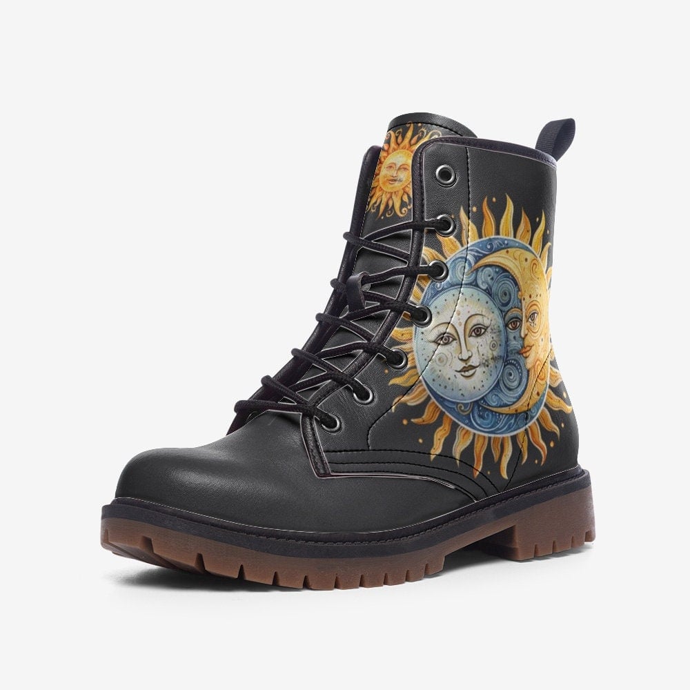 Hippie Art Zone - Sun And Moon Boots | Unisex Casual Vegan Leather Leather Lightweight Boots