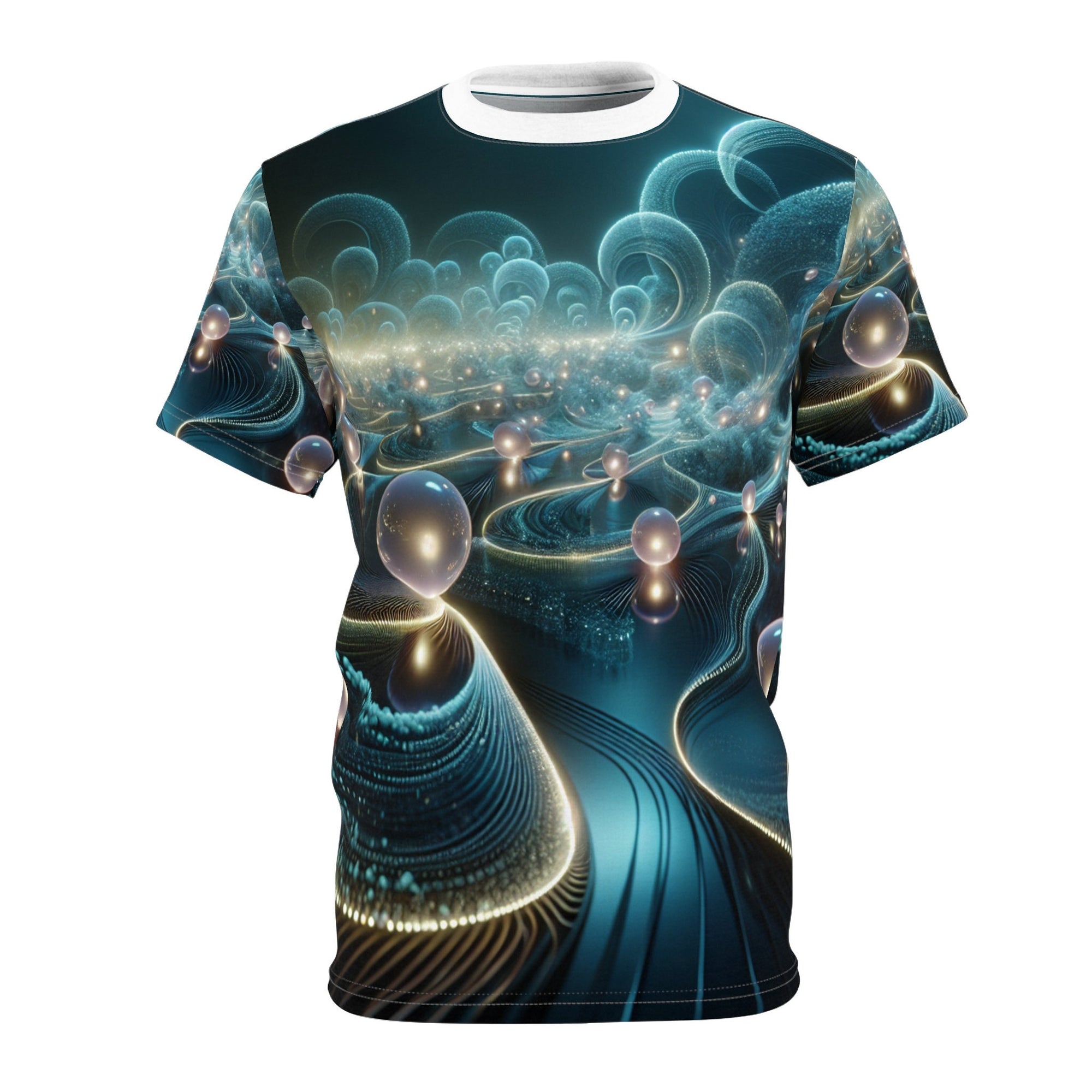 hippieartzone - Bioluminescent Cyberpunk Universe T-shirt: Ethereal Orbs, Symmetrical Patterns, Photorealistic 3D Render