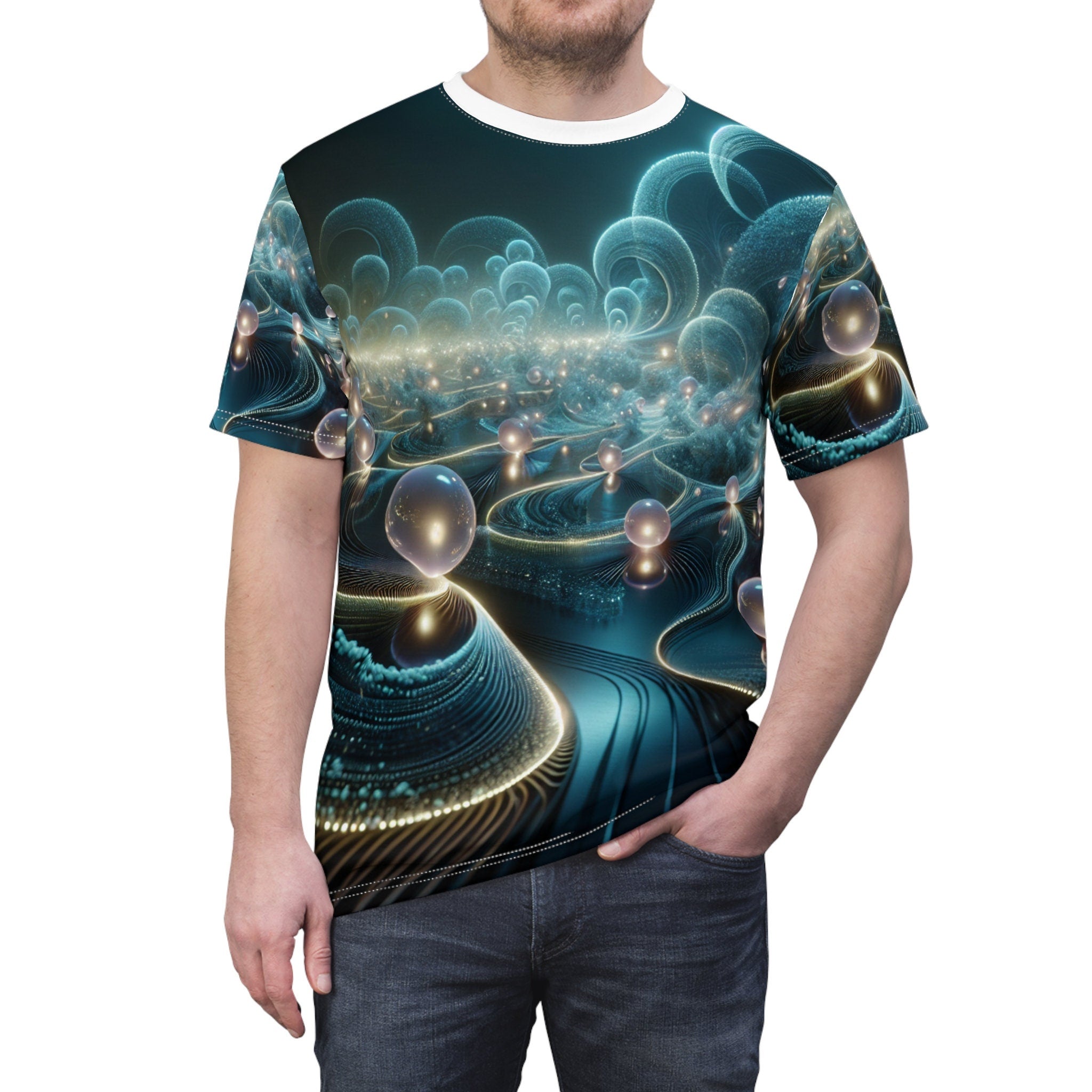 hippieartzone - Bioluminescent Cyberpunk Universe T-shirt: Ethereal Orbs, Symmetrical Patterns, Photorealistic 3D Render