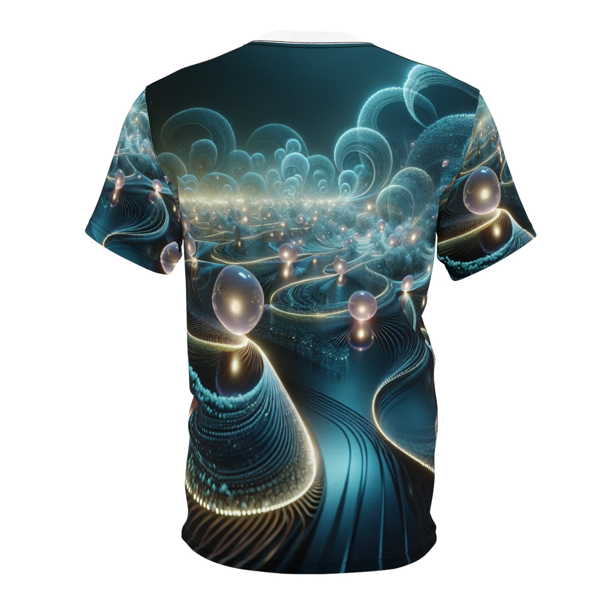 hippieartzone - Bioluminescent Cyberpunk Universe T-shirt: Ethereal Orbs, Symmetrical Patterns, Photorealistic 3D Render