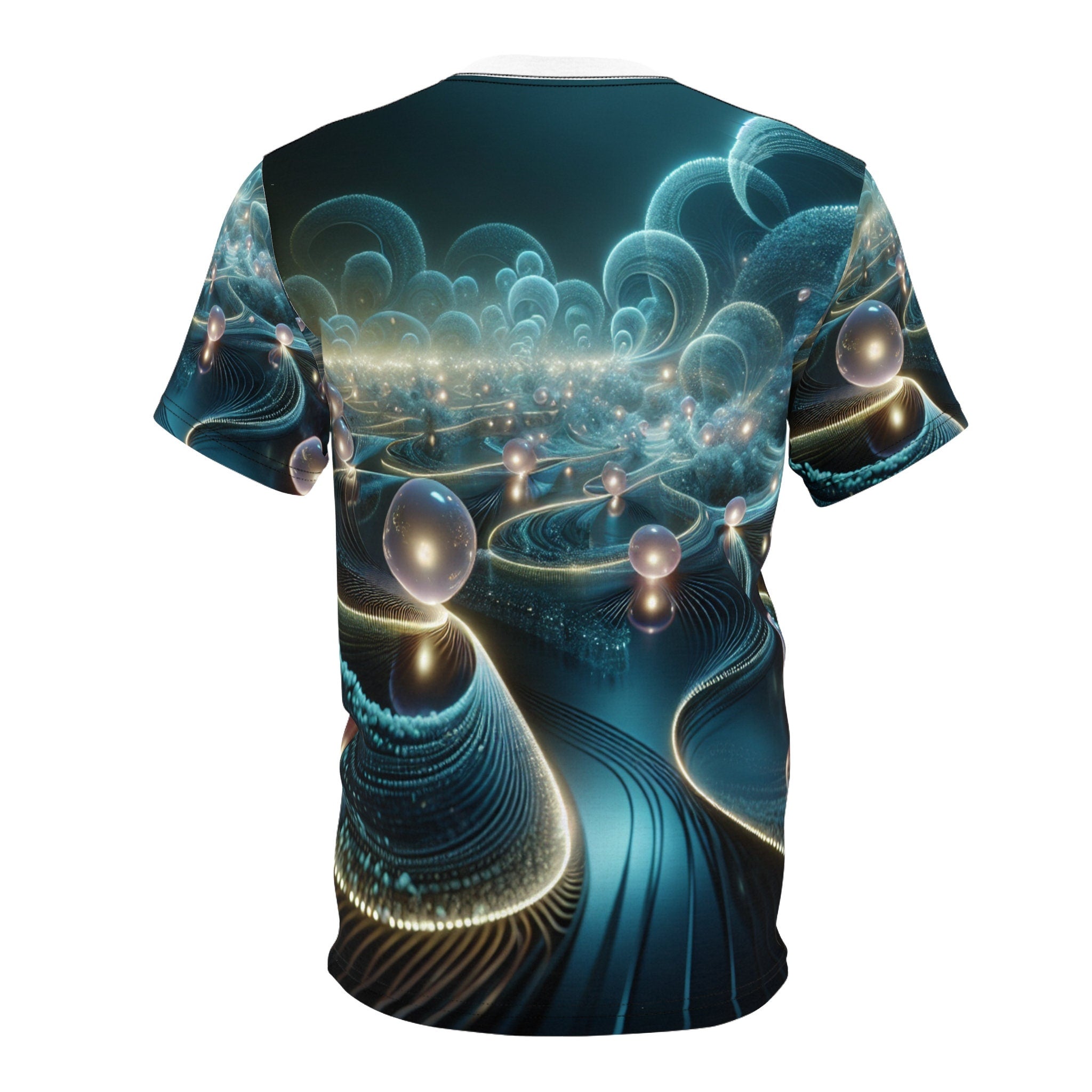 hippieartzone - Bioluminescent Cyberpunk Universe T-shirt: Ethereal Orbs, Symmetrical Patterns, Photorealistic 3D Render