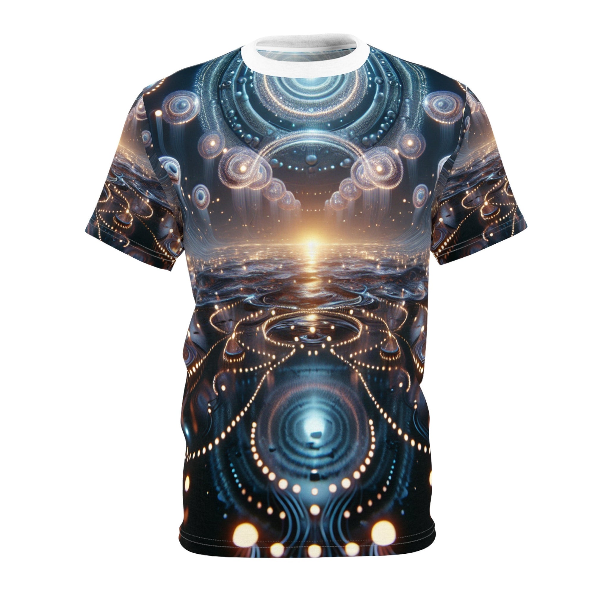 hippieartzone - Bioluminescent Cyberpunk Universe T-Shirt - Ethereal Orbs Symmetrical Patterns - High-Resolution Photorealistic Design - 3D