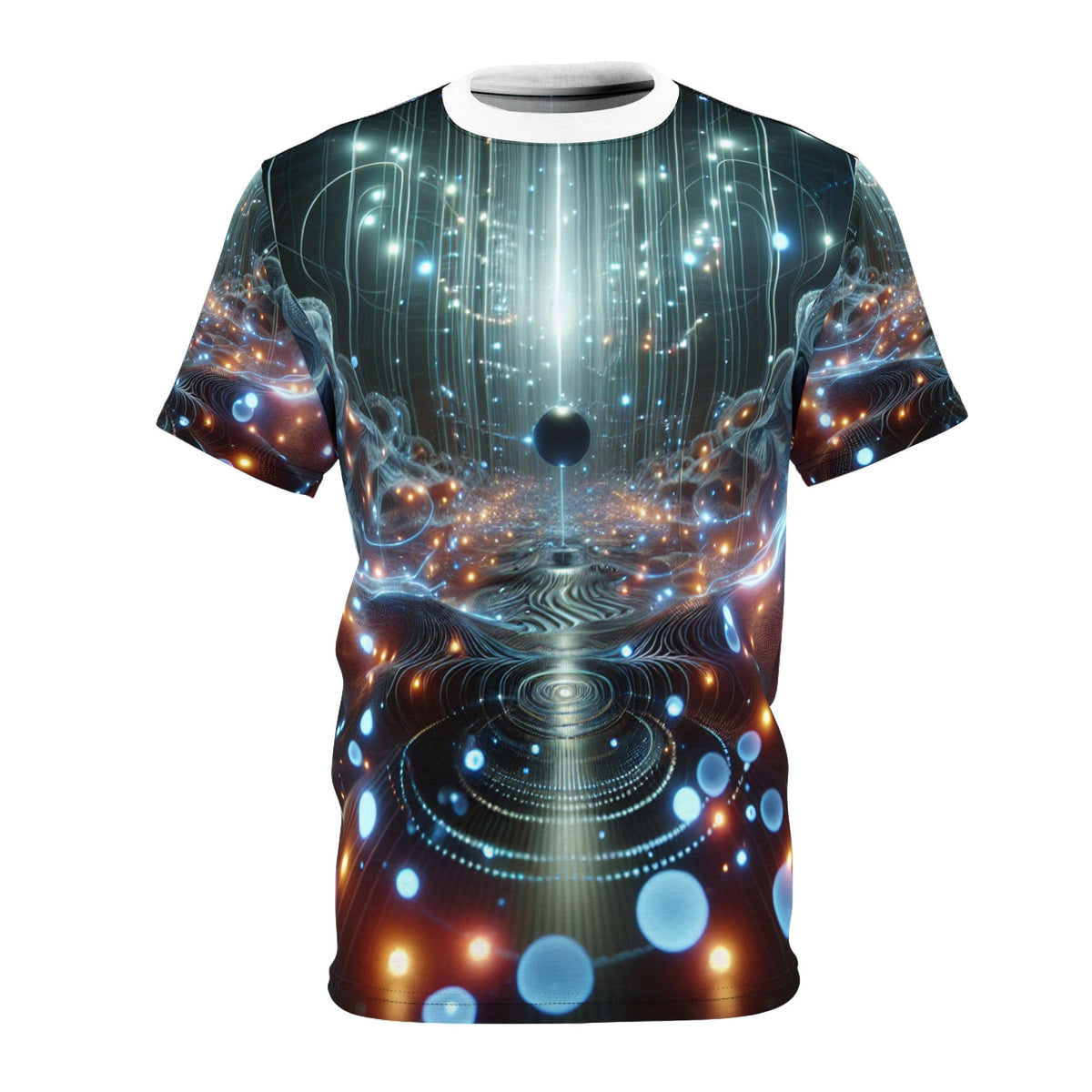 hippieartzone - Ethereal Orbs Cyberpunk T-Shirt - Bioluminescent Symmetry in a Surreal Universe - High-Resolution Photorealistic Design