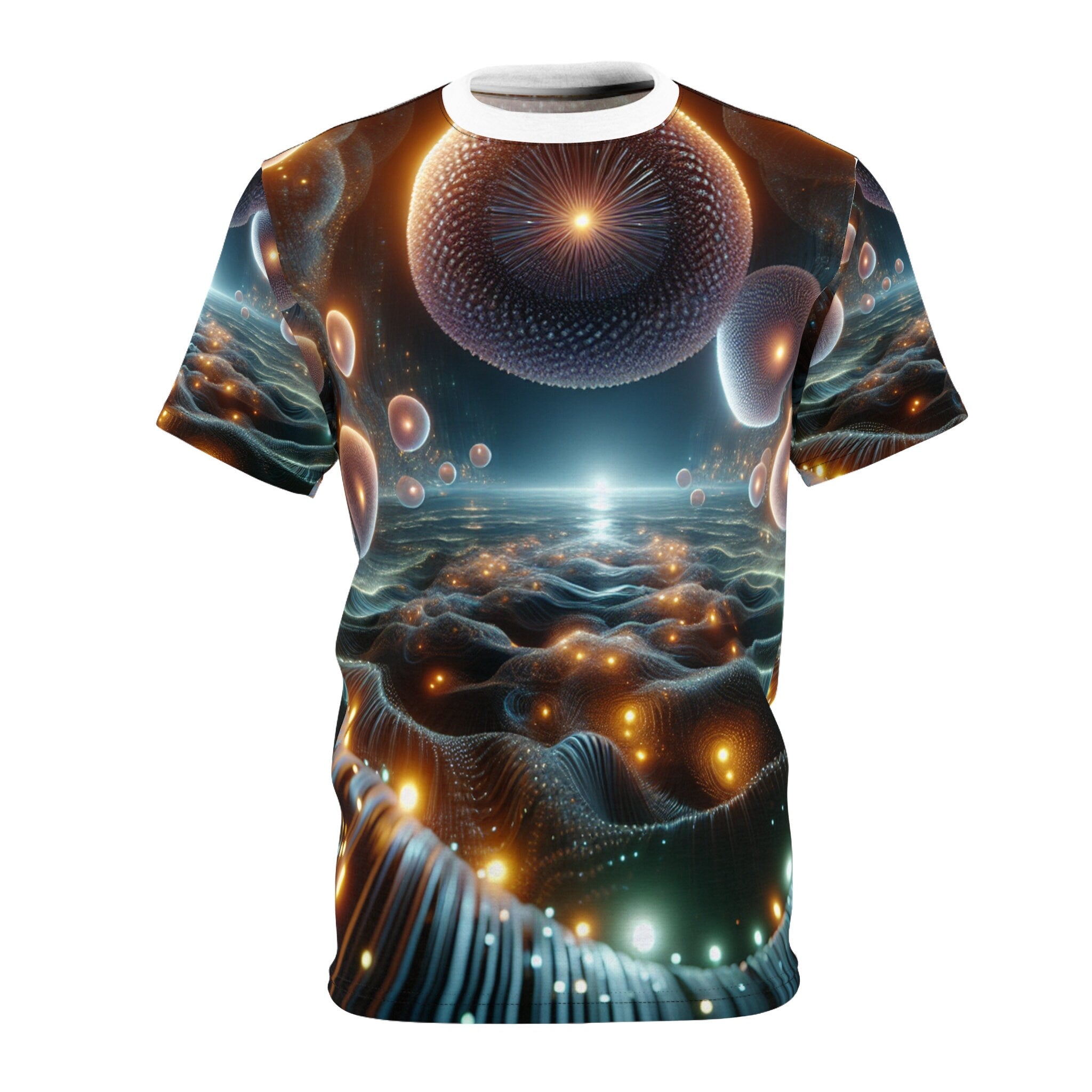 hippieartzone - Luminous Ethereal Orb Cyberpunk T-Shirt: Surreal Universe Symmetry, Photorealistic 3D Render, Intricate Detail