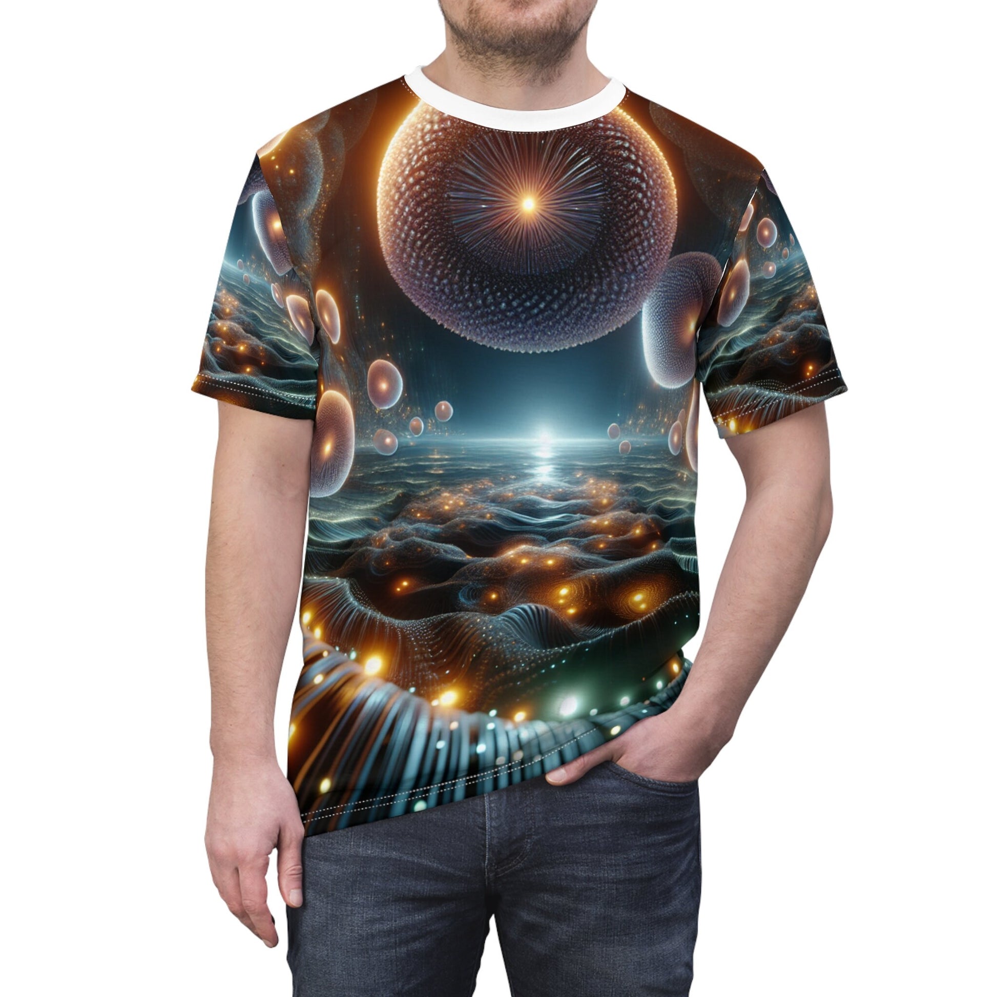 hippieartzone - Luminous Ethereal Orb Cyberpunk T-Shirt: Surreal Universe Symmetry, Photorealistic 3D Render, Intricate Detail