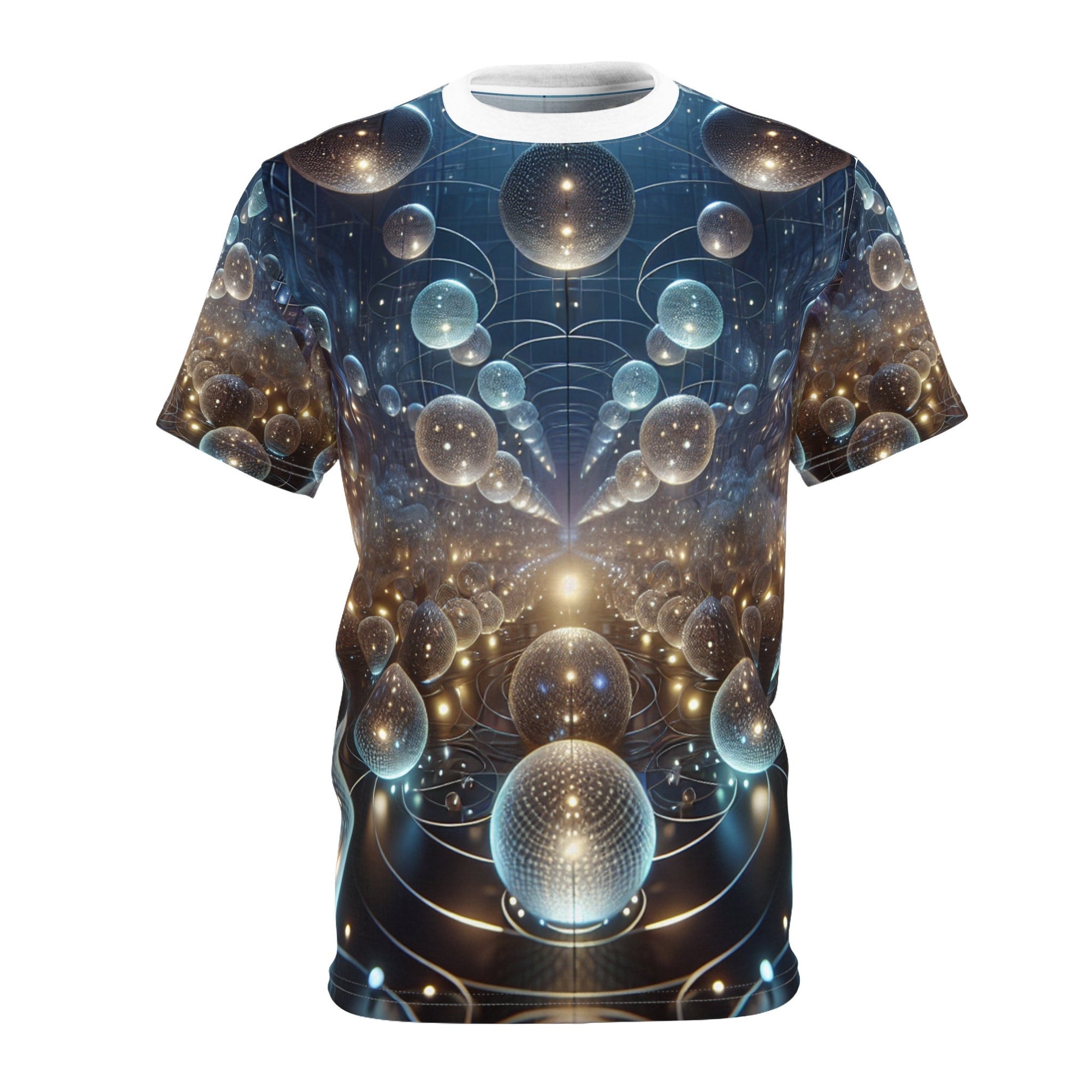 hippieartzone - Glowing Orbs of the Cyberpunk Cosmos T-Shirt: Ethereal Symmetry, High-Definition Photorealism, 3D Render