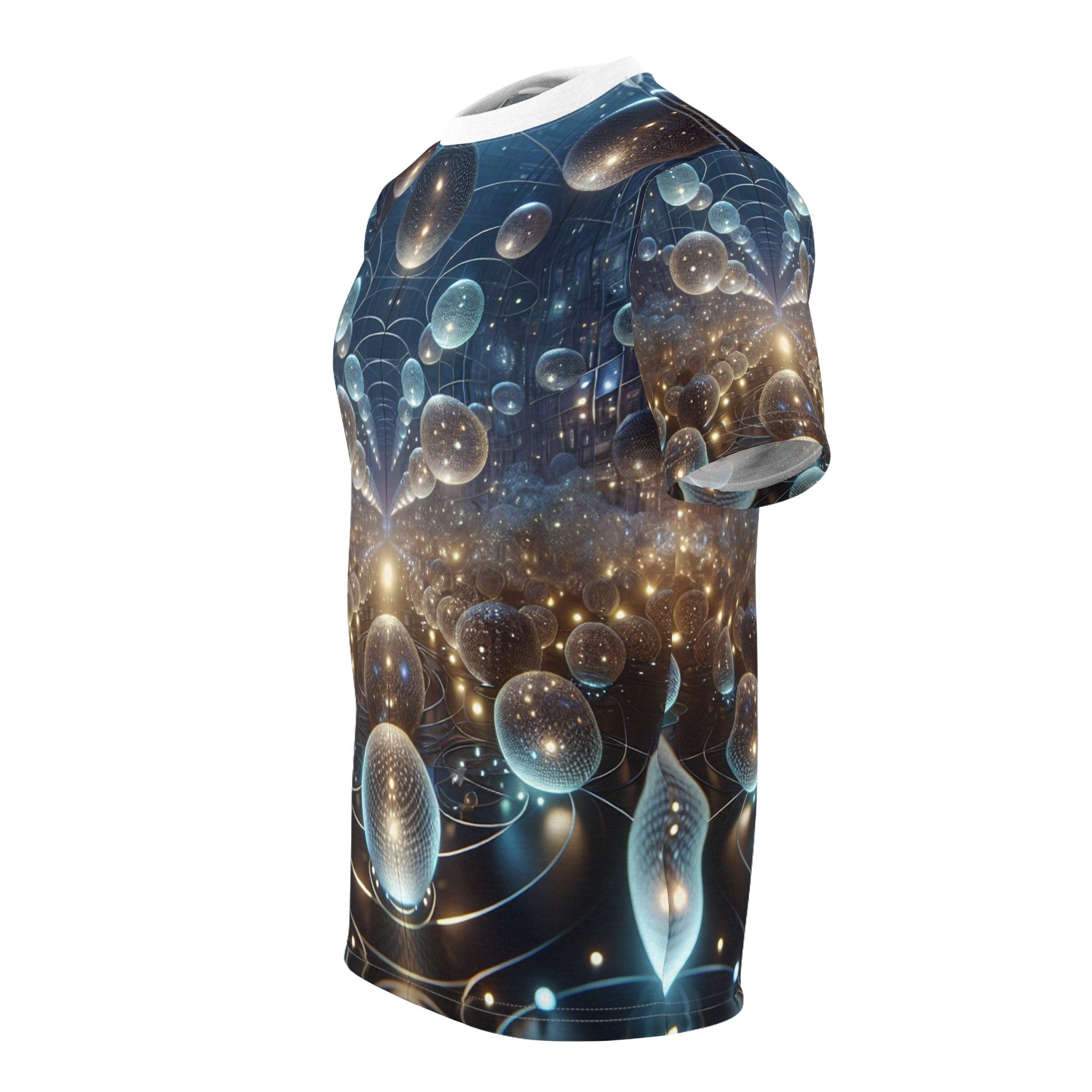 hippieartzone - Glowing Orbs of the Cyberpunk Cosmos T-Shirt: Ethereal Symmetry, High-Definition Photorealism, 3D Render