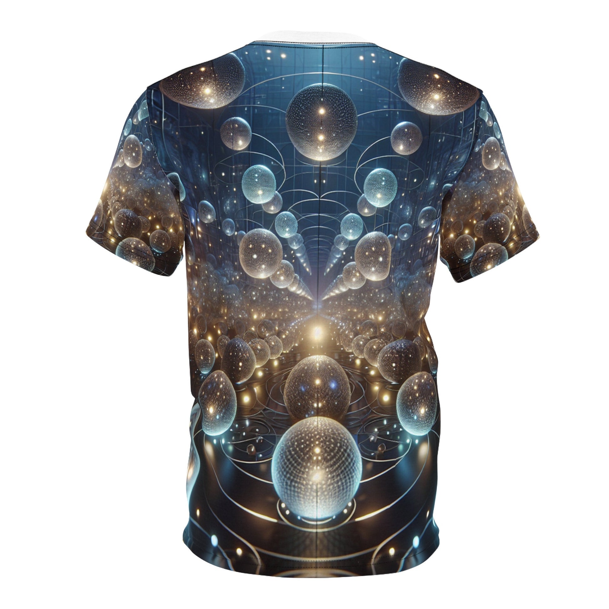 hippieartzone - Glowing Orbs of the Cyberpunk Cosmos T-Shirt: Ethereal Symmetry, High-Definition Photorealism, 3D Render