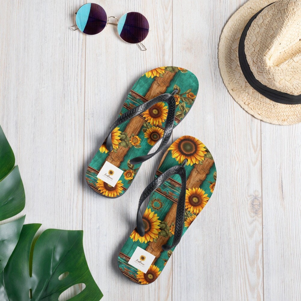 hippieartzone - Turquoise and Sunflowers Flip-Flops