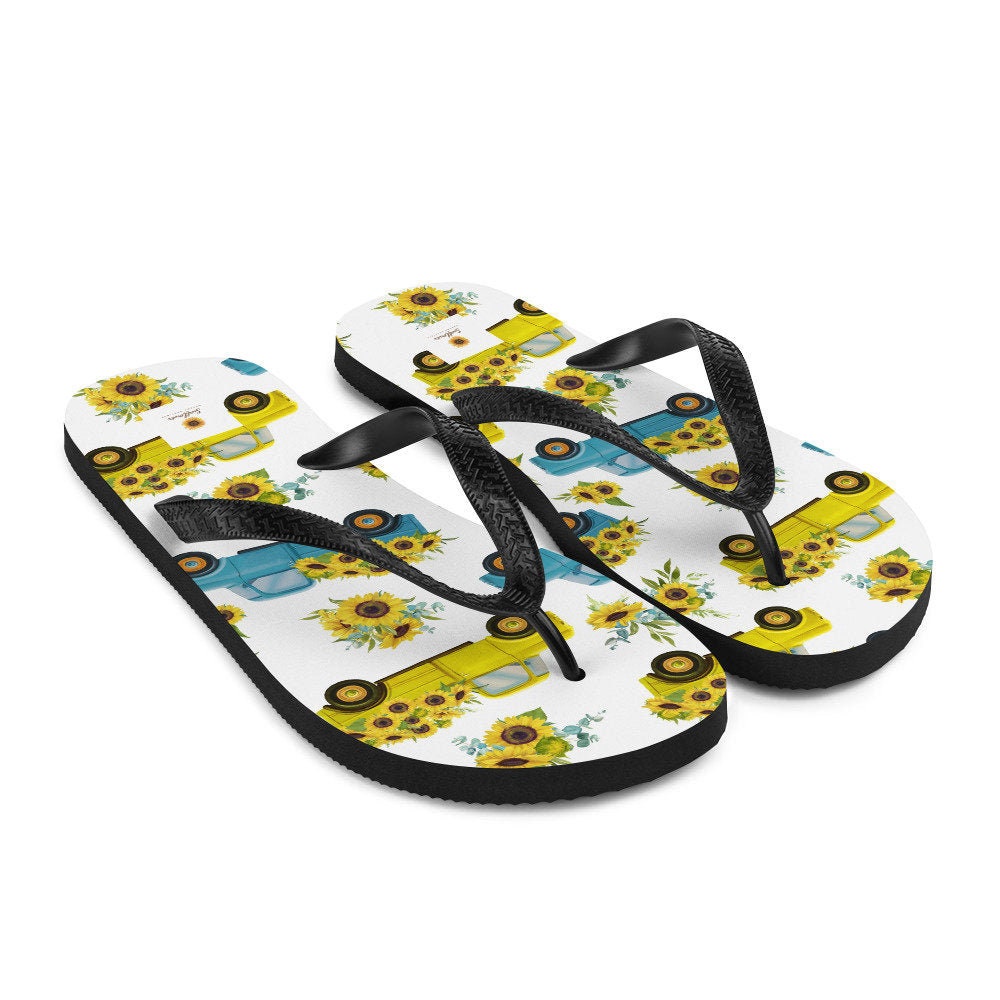hippieartzone - Vintage Truck with Sunflowers Flip-Flops