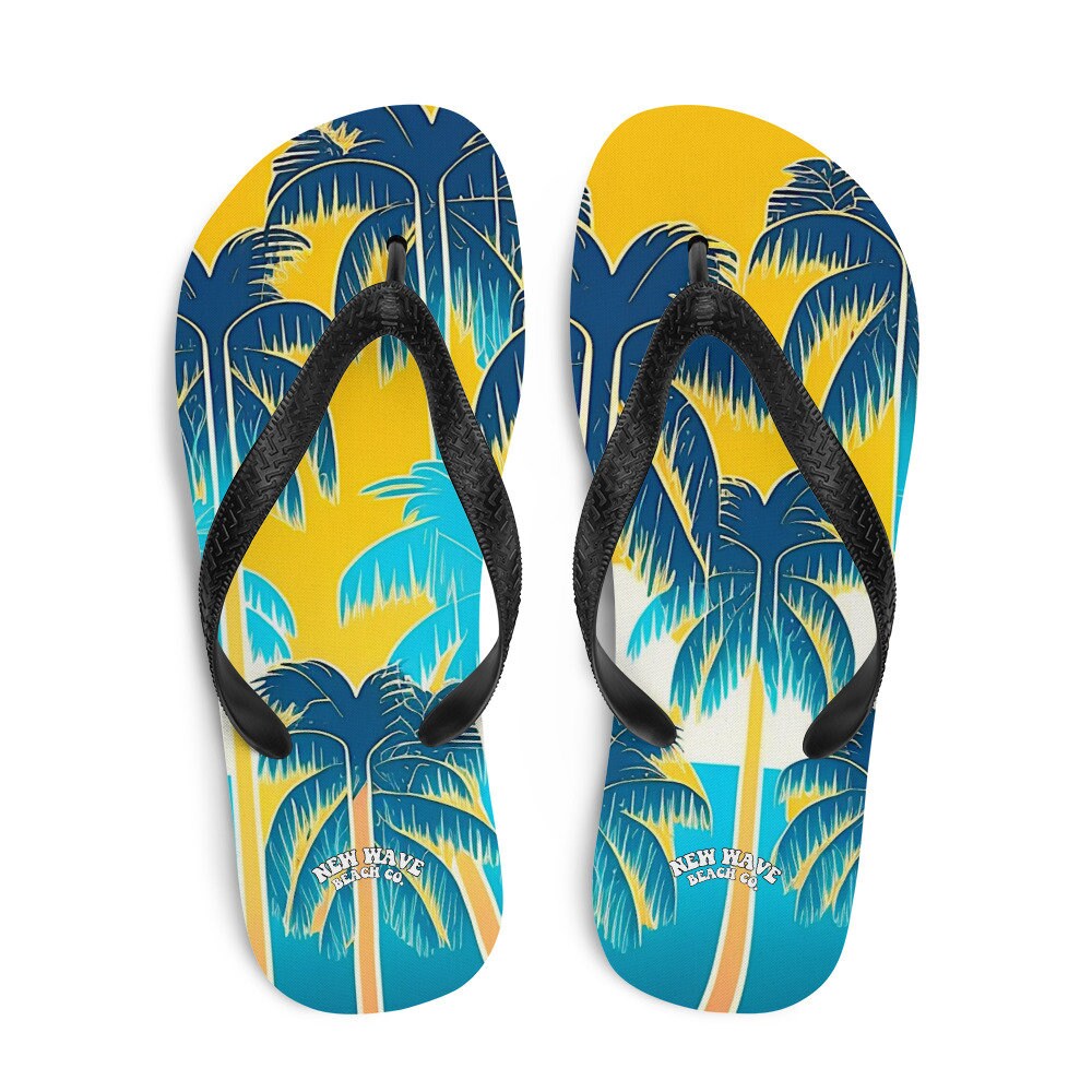 hippieartzone - Retro Yellow Blue Tropical Palm Trees Flip Flops Colorful 