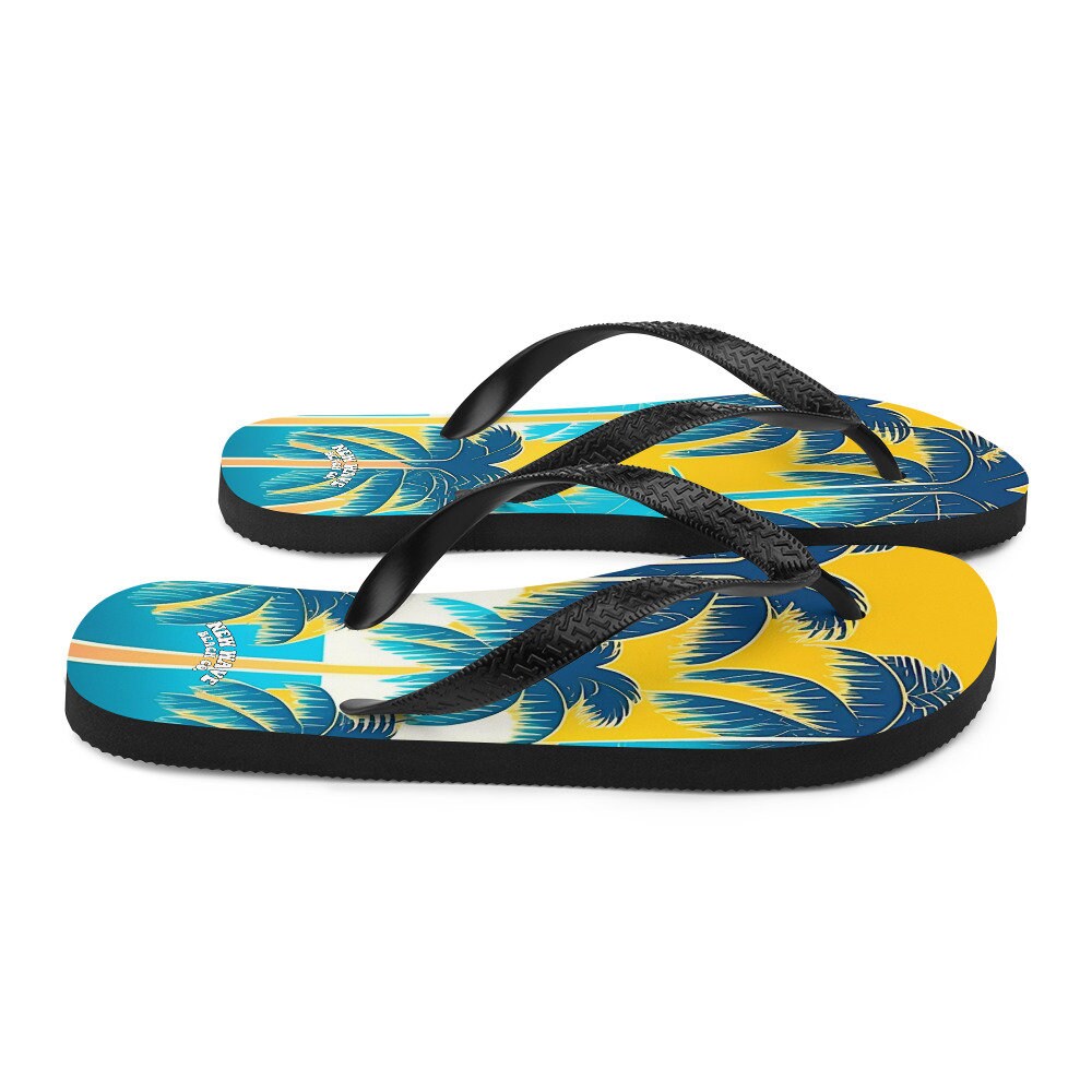 hippieartzone - Retro Yellow Blue Tropical Palm Trees Flip Flops Colorful 