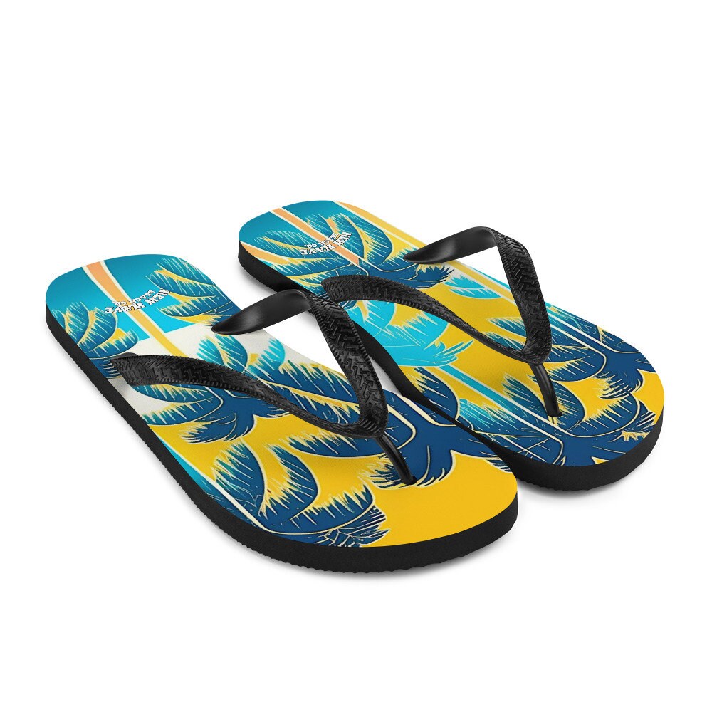 hippieartzone - Retro Yellow Blue Tropical Palm Trees Flip Flops Colorful 