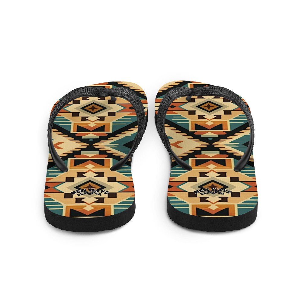 hippieartzone - Retro Kilim Black Blue Orange Flip Flops Colorful 