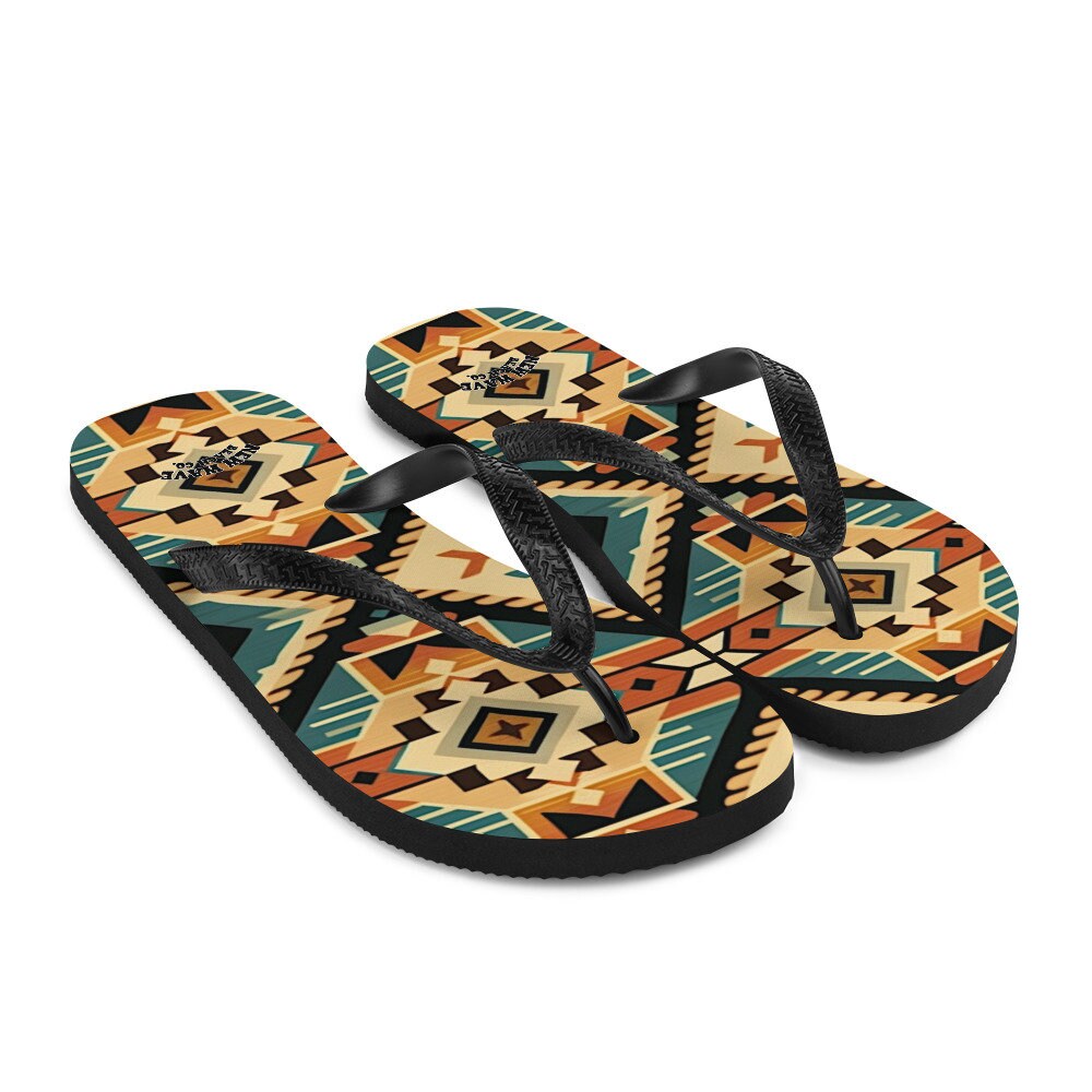 hippieartzone - Retro Kilim Black Blue Orange Flip Flops Colorful 