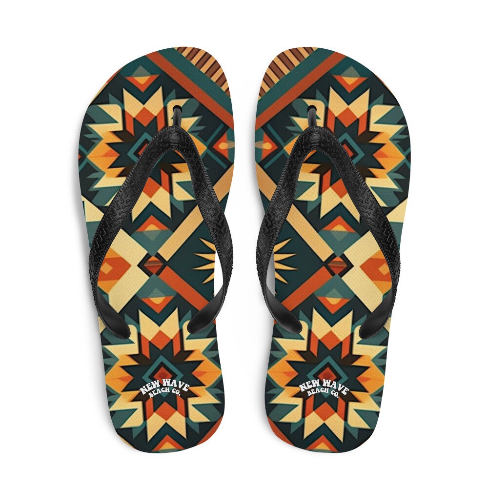 hippieartzone - Retro Kilim Yellow Green Orange Flip Flops Colorful 