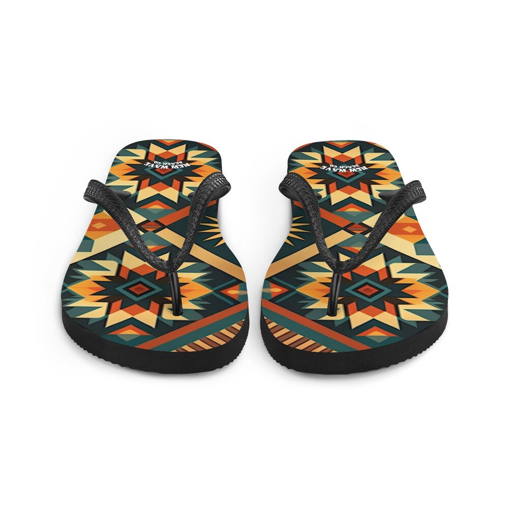 hippieartzone - Retro Kilim Yellow Green Orange Flip Flops Colorful 