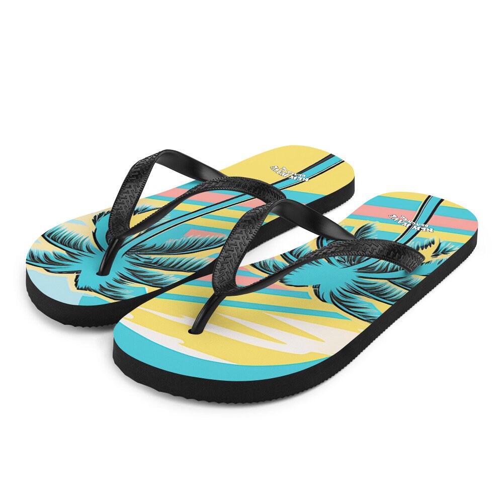 hippieartzone - Retro Yellow Blue Faded Palm Tree Flip Flops Colorful 