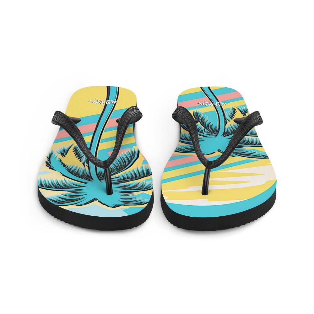 hippieartzone - Retro Yellow Blue Faded Palm Tree Flip Flops Colorful 