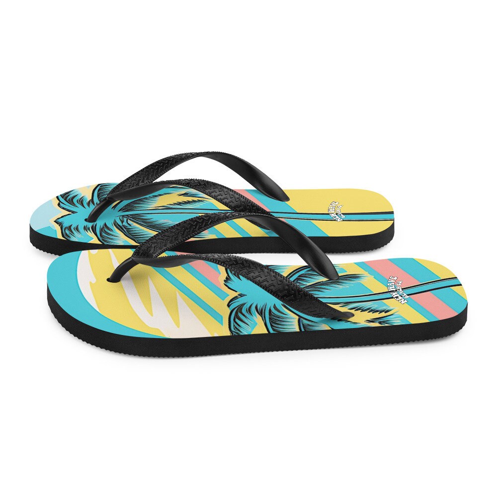 hippieartzone - Retro Yellow Blue Faded Palm Tree Flip Flops Colorful 