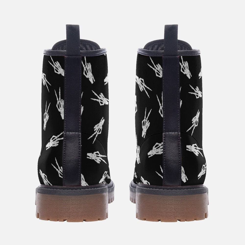 Hippie Art Zone - Skeleton Peace Sign Fingers Vegan Leather Boots | Casual Lightweight Boots