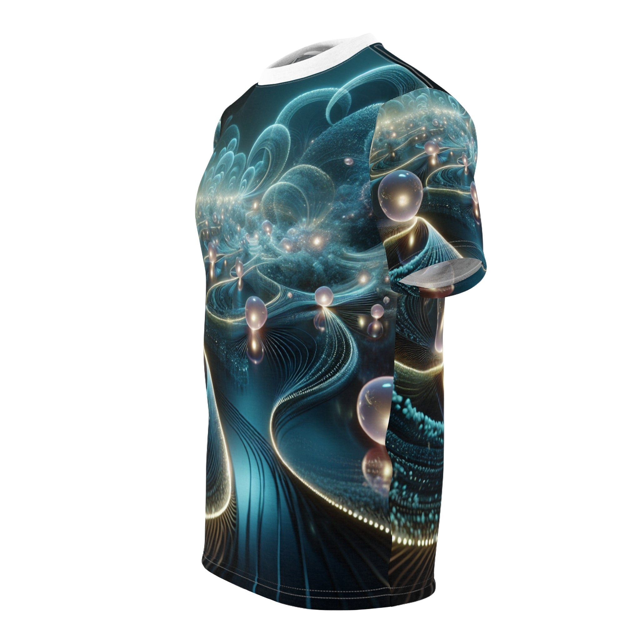 hippieartzone - Bioluminescent Cyberpunk Universe T-shirt: Ethereal Orbs, Symmetrical Patterns, Photorealistic 3D Render