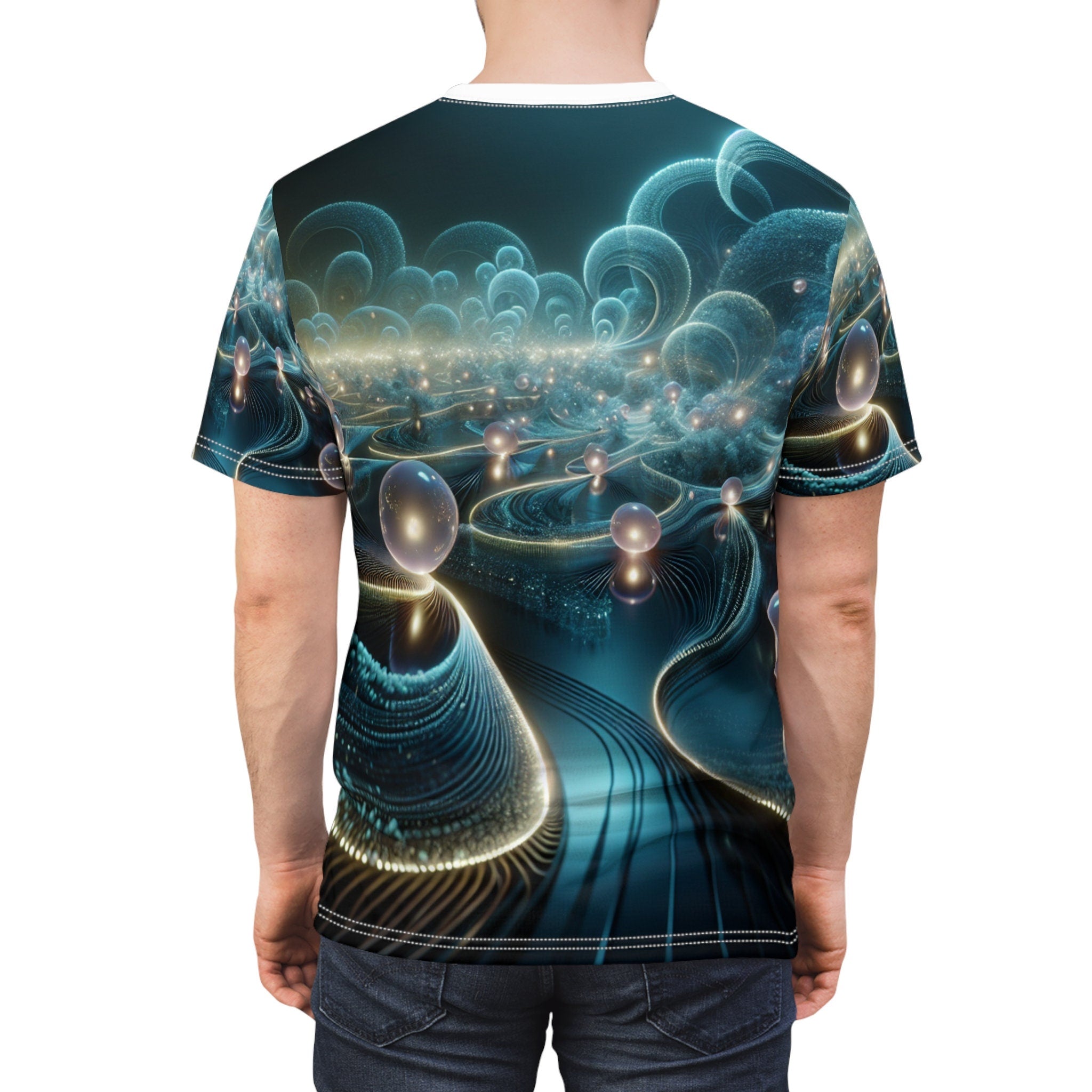 hippieartzone - Bioluminescent Cyberpunk Universe T-shirt: Ethereal Orbs, Symmetrical Patterns, Photorealistic 3D Render