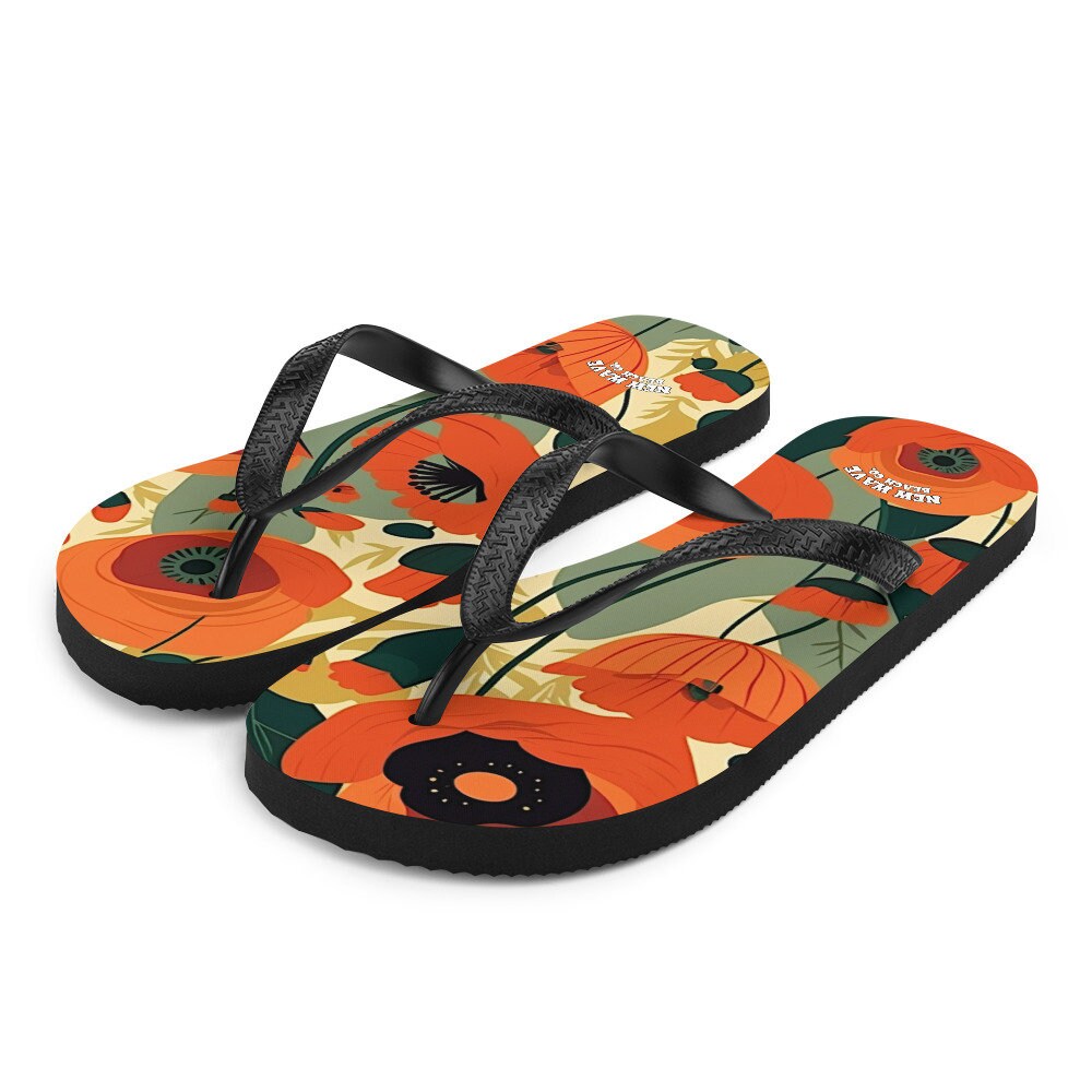 hippieartzone - Retro Orange Vintage Art Poppy Flowers Flip Flops Colorful 
