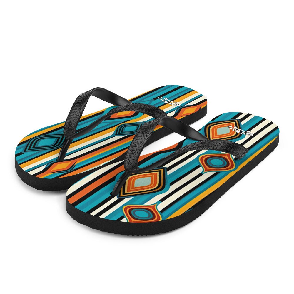 hippieartzone - Retro Yellow Blue Orange Striped Flip Flops Colorful 