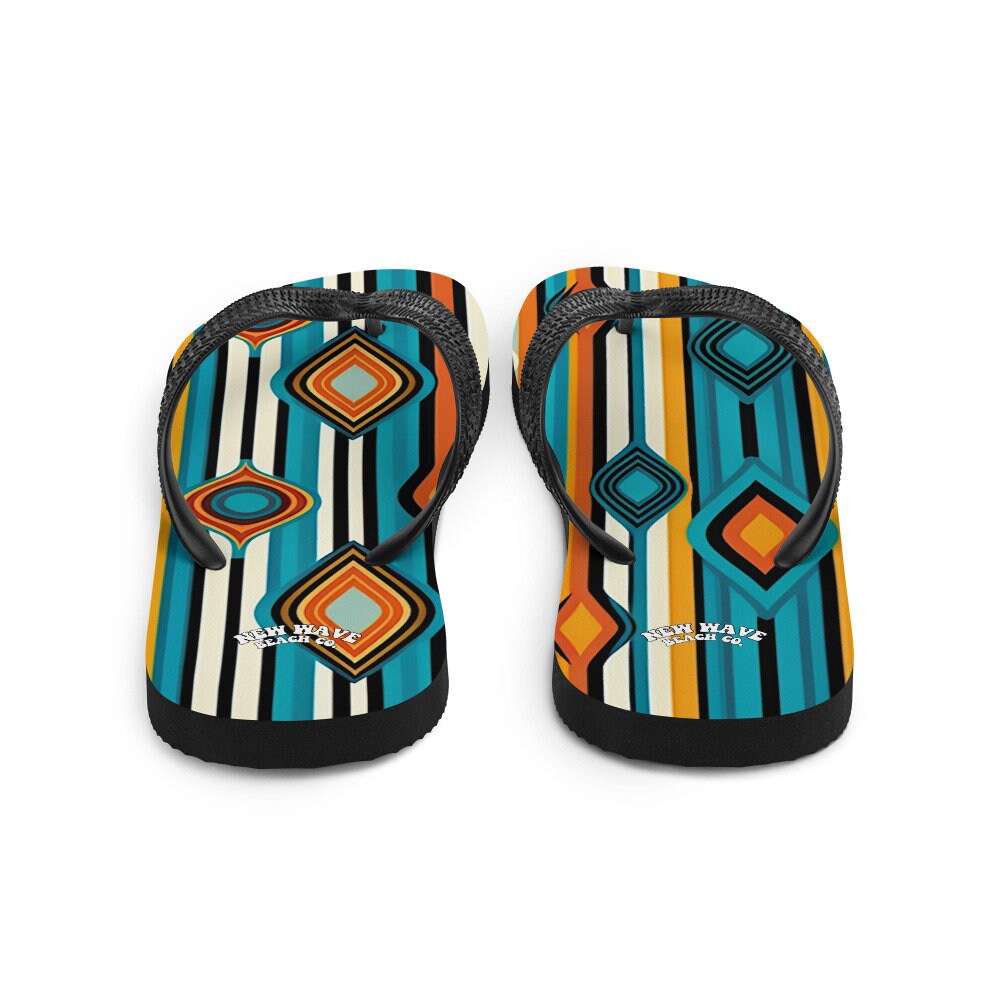 hippieartzone - Retro Yellow Blue Orange Striped Flip Flops Colorful 