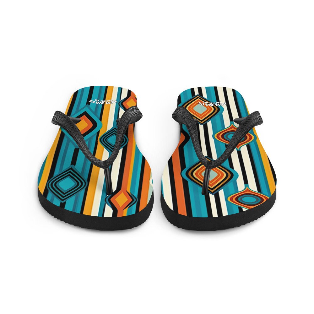 hippieartzone - Retro Yellow Blue Orange Striped Flip Flops Colorful 