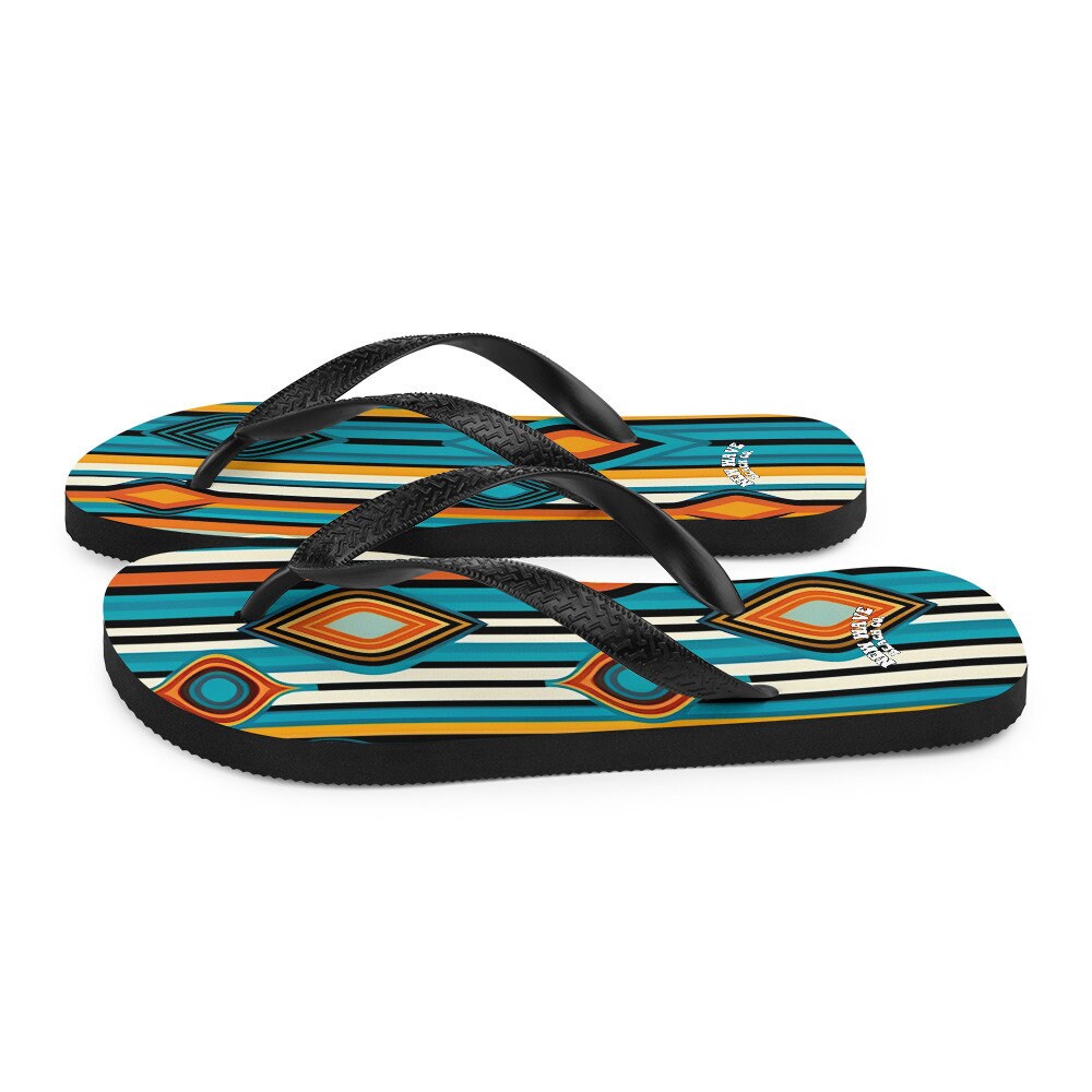 hippieartzone - Retro Yellow Blue Orange Striped Flip Flops Colorful 