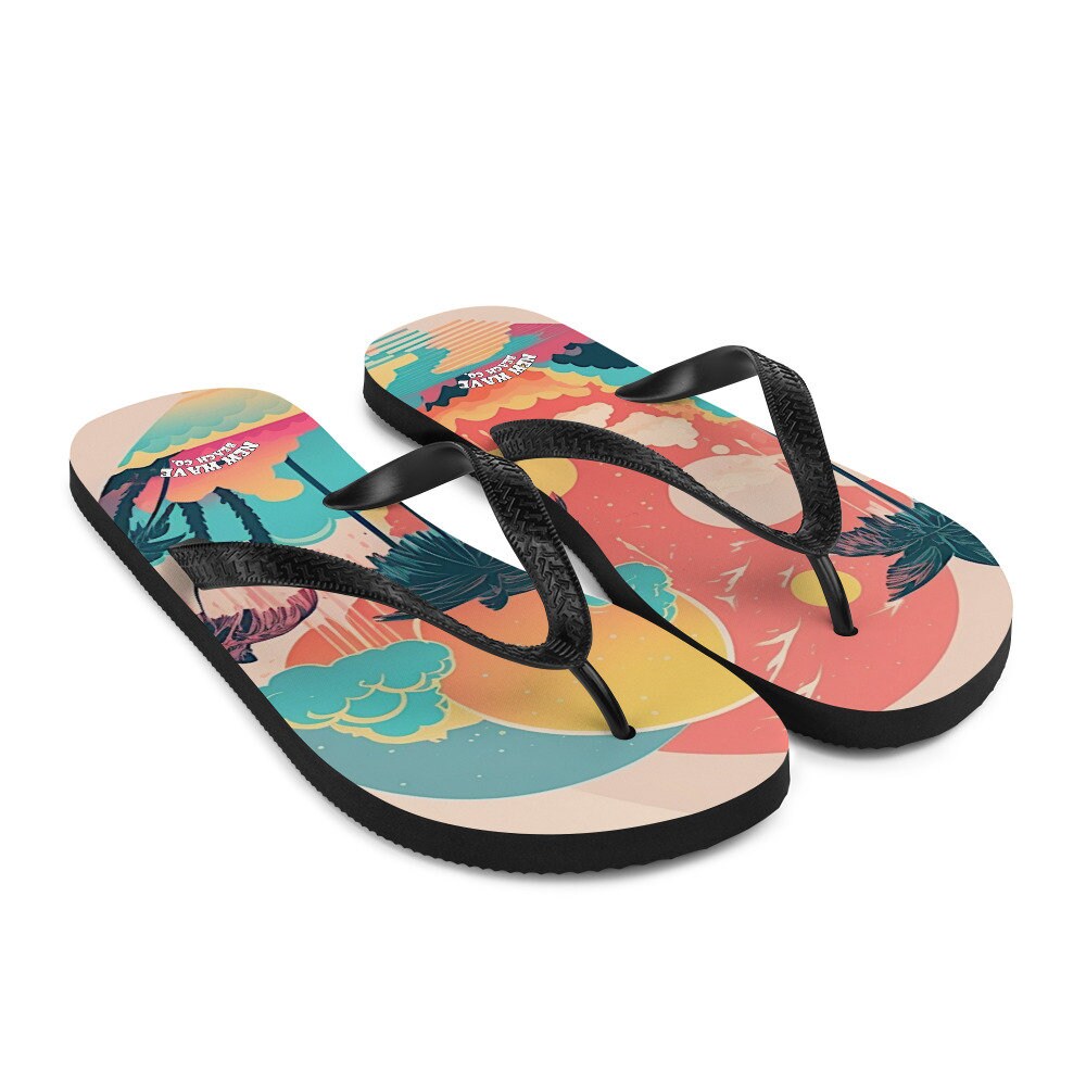 hippieartzone - Pink Faded Retro Tropical Beach Palms Flip Flops Colorful 