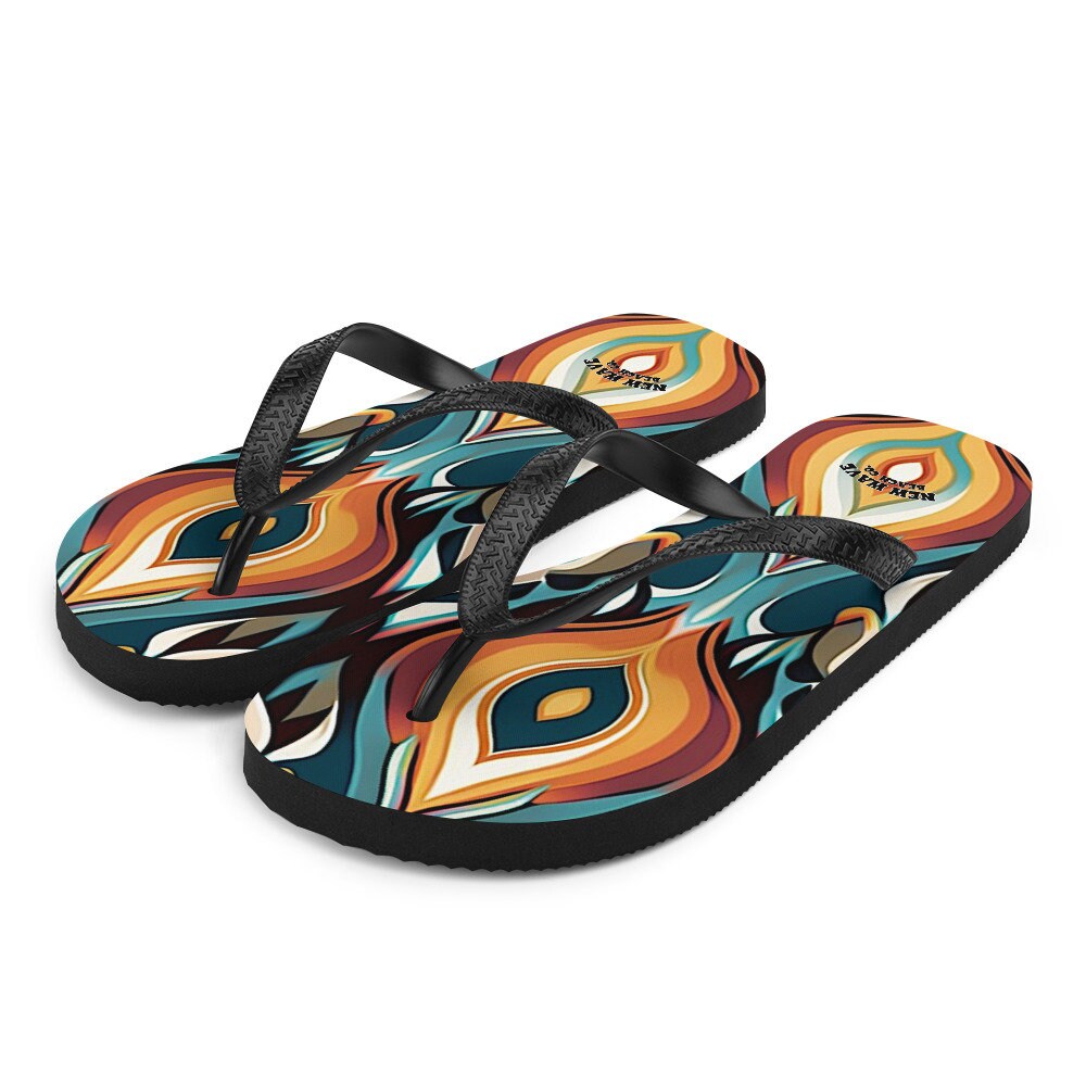 hippieartzone - Retro Ikat Yellow Blue Orange Flip Flops Colorful 