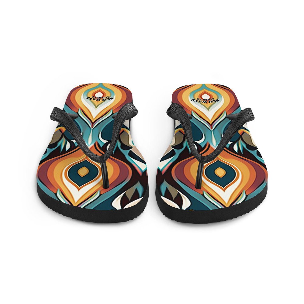 hippieartzone - Retro Ikat Yellow Blue Orange Flip Flops Colorful 