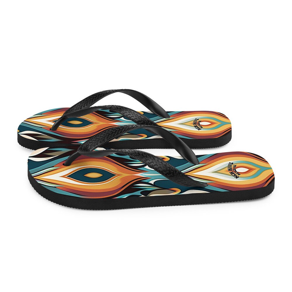 hippieartzone - Retro Ikat Yellow Blue Orange Flip Flops Colorful 