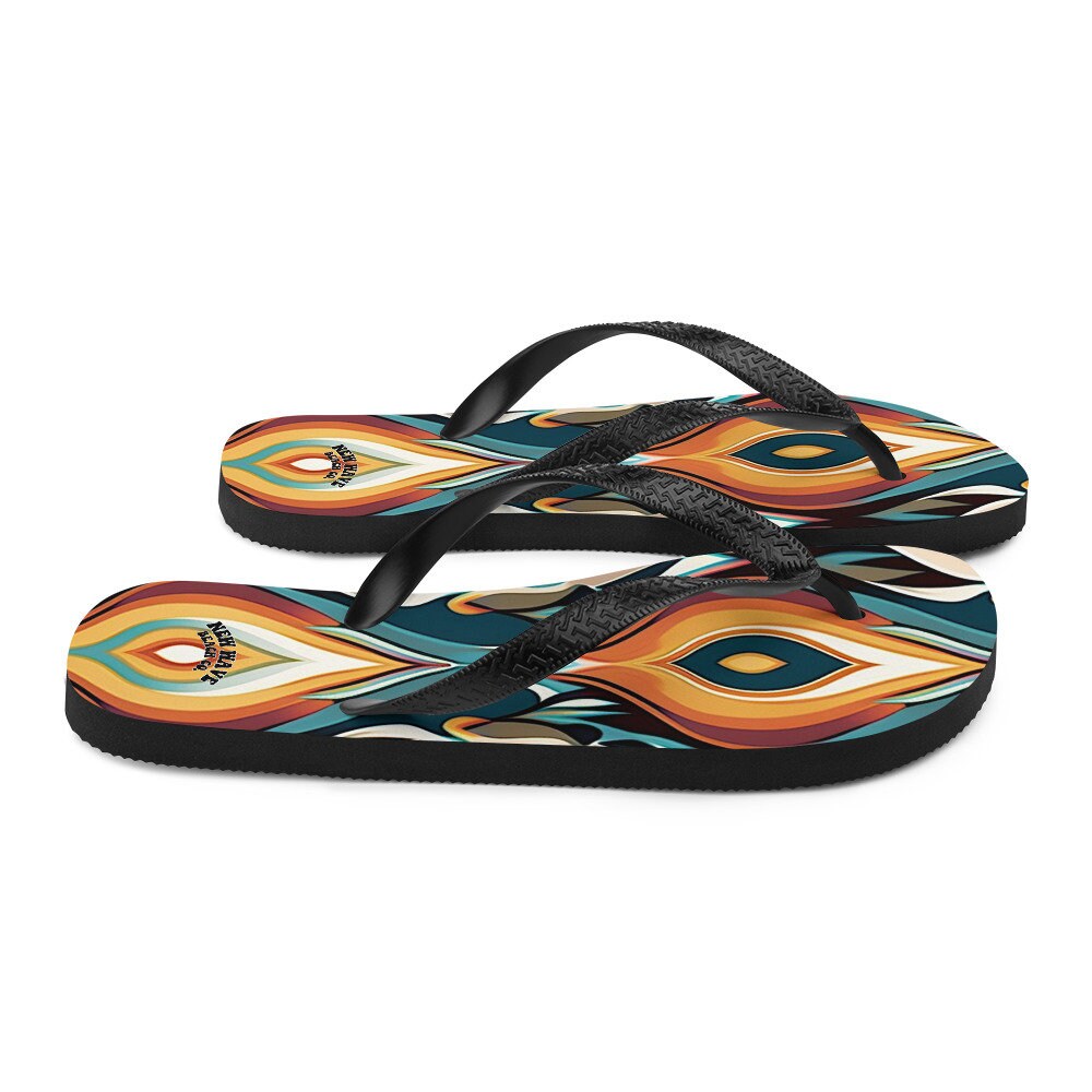 hippieartzone - Retro Ikat Yellow Blue Orange Flip Flops Colorful 