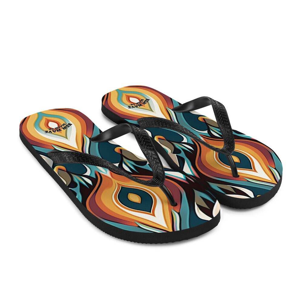 hippieartzone - Retro Ikat Yellow Blue Orange Flip Flops Colorful 