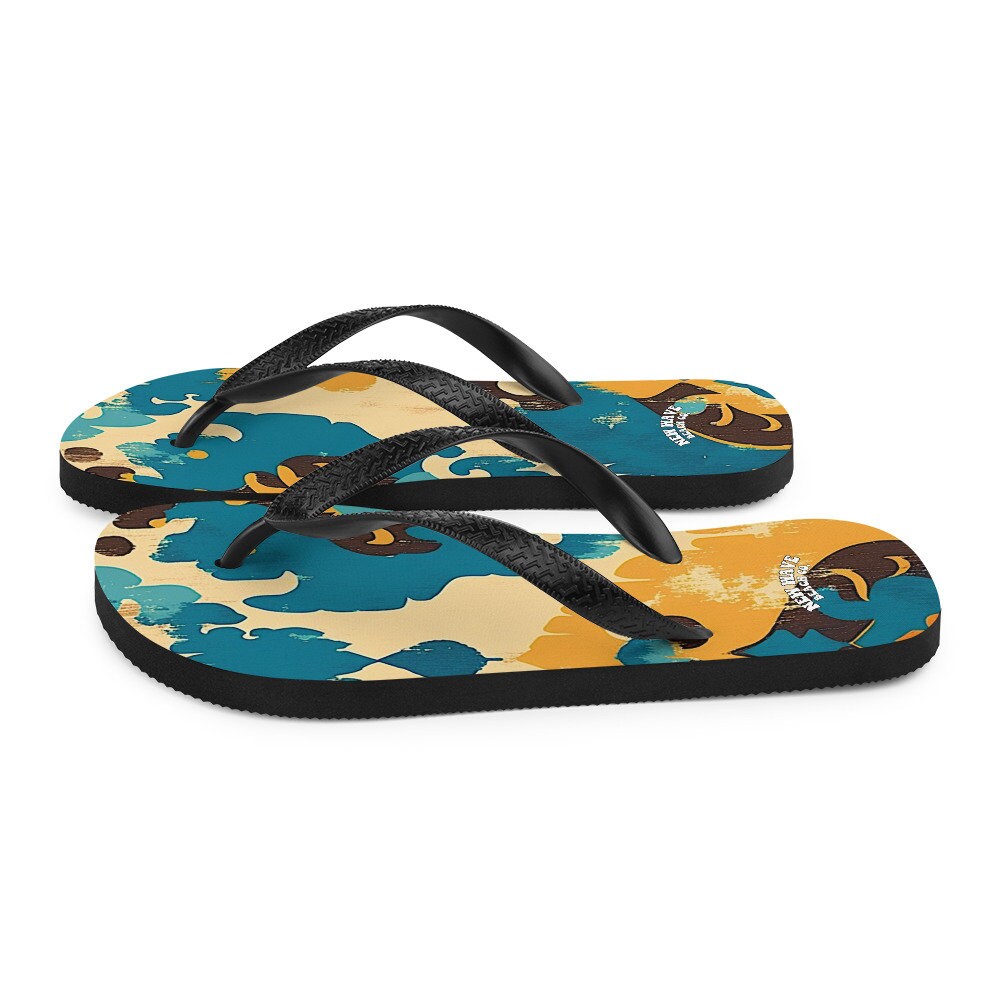 hippieartzone - Retro Faded Ikat Yellow Blue Flip Flops Colorful 