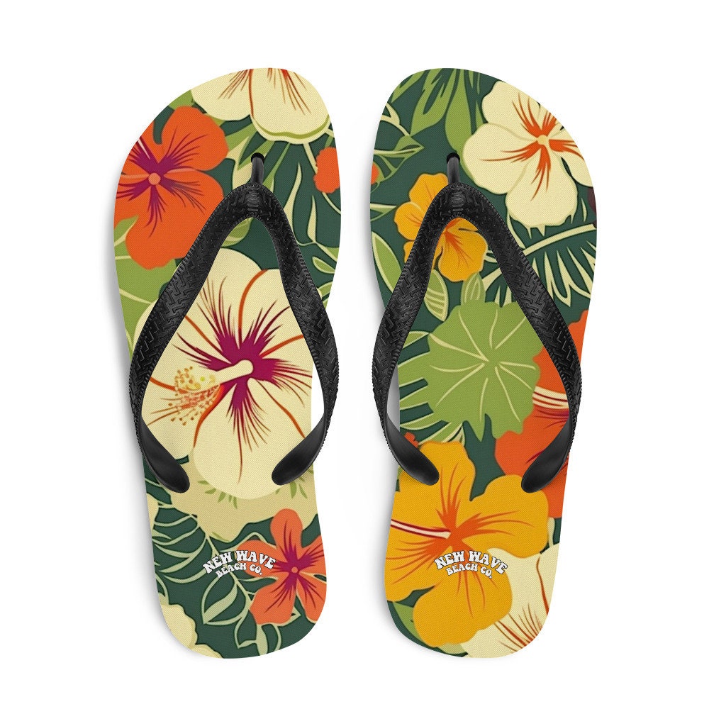 hippieartzone - Vintage Tropical Hawaiian Flower Flip Flops Exotic Comfortable Footwear Thong Sandals Summer Woman Men Beach Print Rubber Slip On Shoes