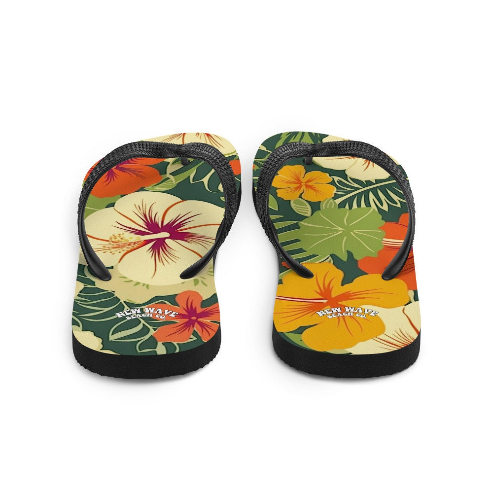 hippieartzone - Vintage Tropical Hawaiian Flower Flip Flops Exotic Comfortable Footwear Thong Sandals Summer Woman Men Beach Print Rubber Slip On Shoes