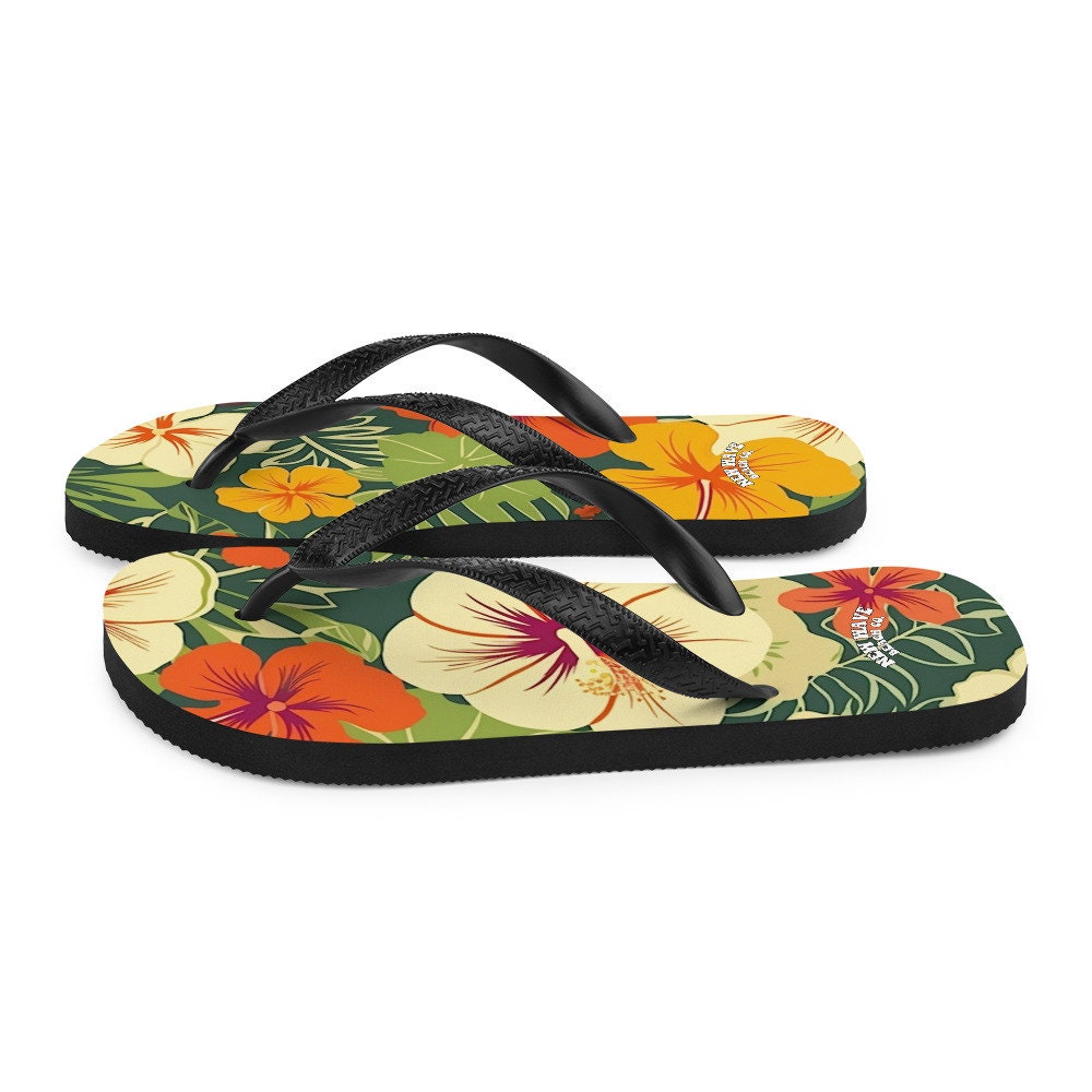 hippieartzone - Vintage Tropical Hawaiian Flower Flip Flops Exotic Comfortable Footwear Thong Sandals Summer Woman Men Beach Print Rubber Slip On Shoes